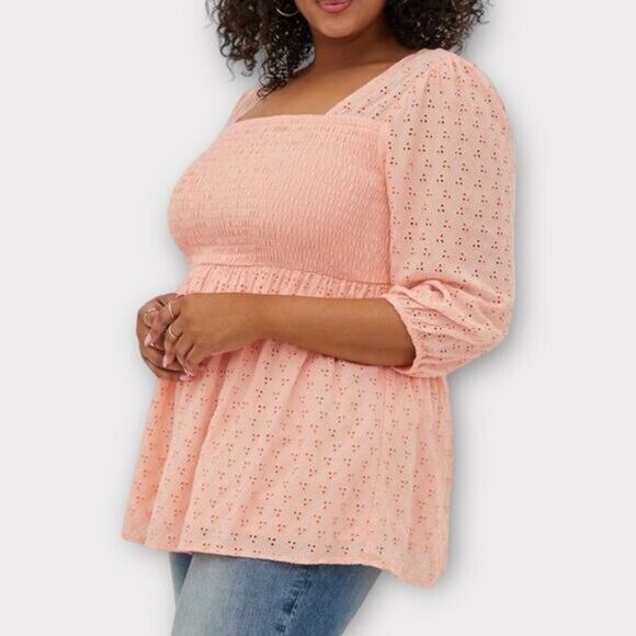 torrid Tops - Torrid Voile Eyelet Smocked Babydoll 3/4 Sleeve Top Peach Women's Plus Size 3 3X